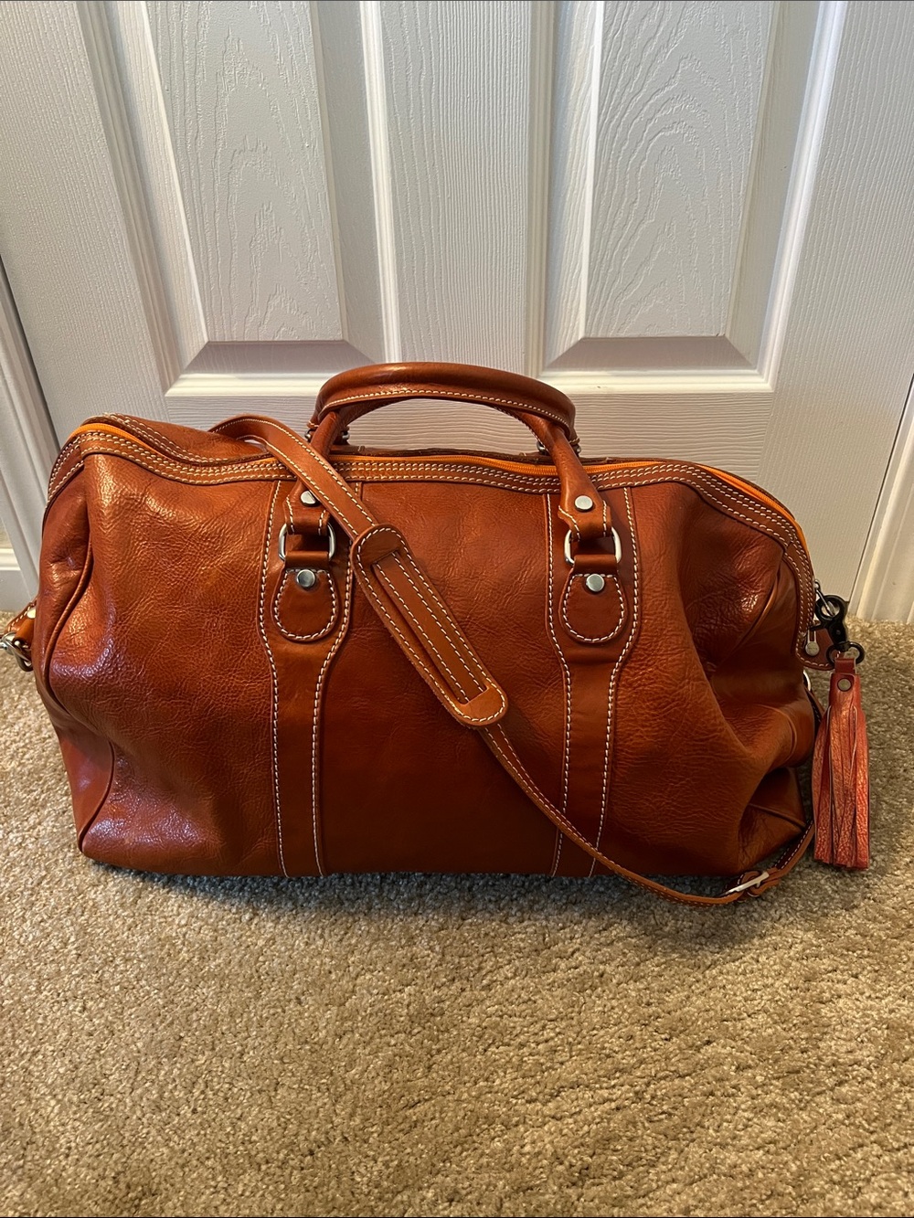 Floto Rust Color Italian Leather Duffel Bag with Shoulder Strap and Handles